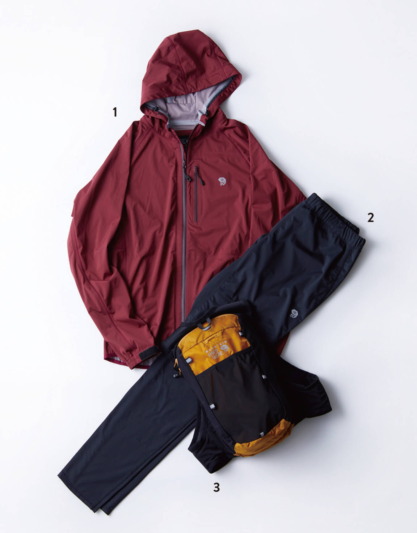 1.Effusion Jacket 2.Bizzle Power Tight V.3 3.Fluid Vestpack 6